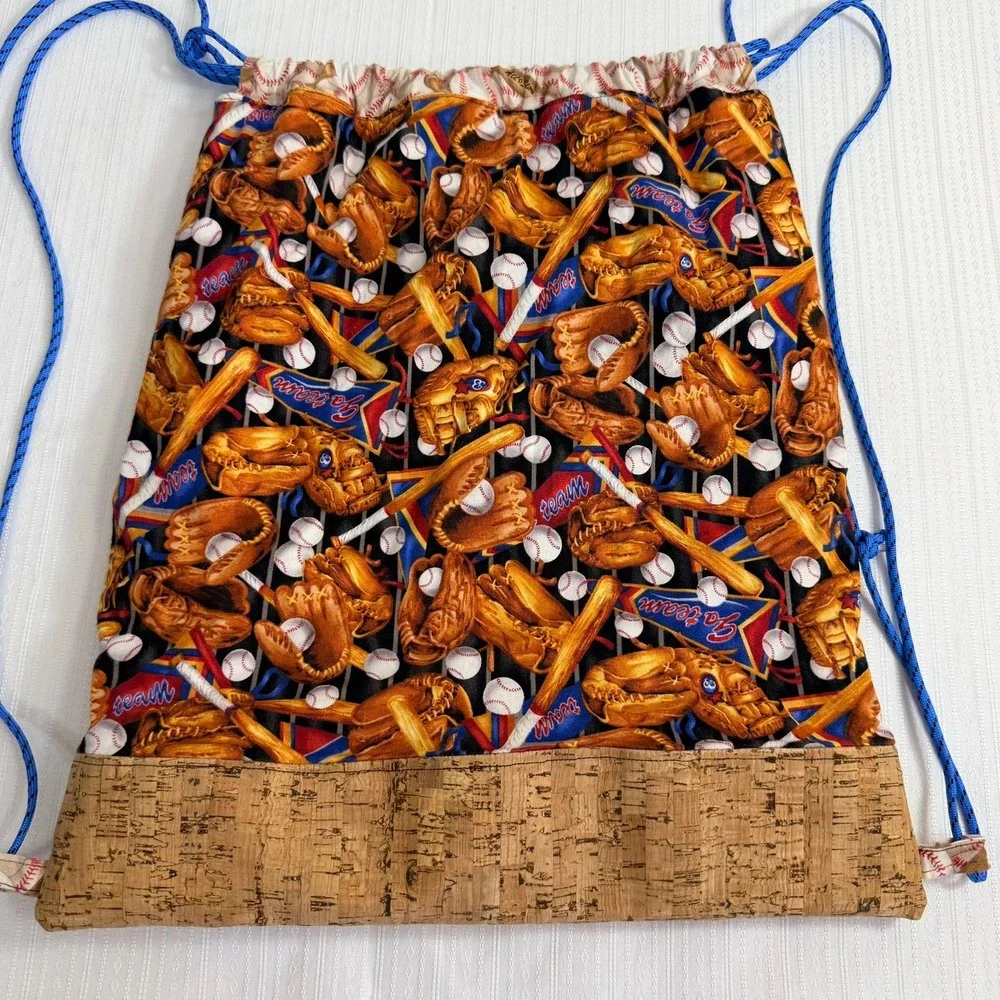 Handmade‎ Womens Baseball Mom Print Drawstring Backpack Cork Detail Sporty Game
